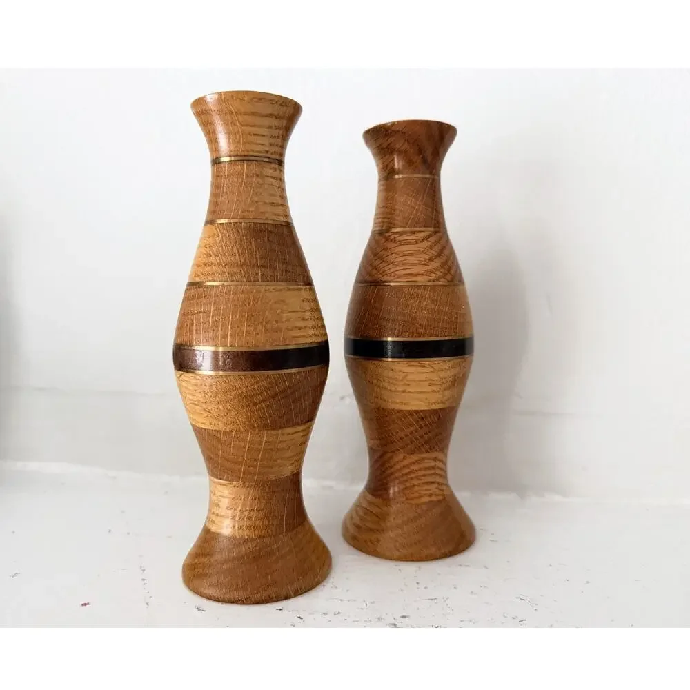 Turned Wood Brass Inlaid Vase Pair Segmented Bud Vases Signed Set 2